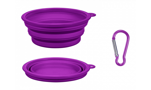 Violetinis sulankstomas šuns dubenėlis, 350ml talpos, kompaktiškas ir patogus kelionėms, lengvai valomas, tinka sunu vardams.